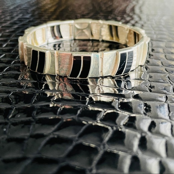 Vintage Onyx Sterling Silver Panel Bracelet CPT Signed - Picture 3 of 11